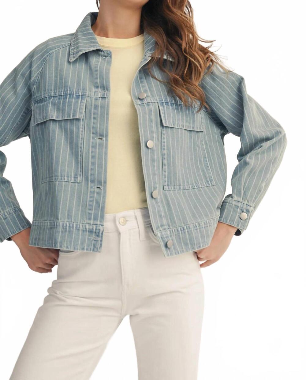 NEW LOVLOV washed vertical stripe structured denim shacket in blue